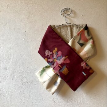 銘仙×リネン刺繍の小さな襟巻き077　ストール ネックウォーマー プチマフラー リバーシブルの画像