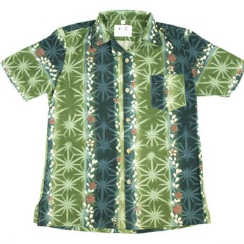 アロハシャツ 本物の着物地仕立て 着物 正絹 メンズ レディース ユニセックス 夏 海 総柄 半袖 緑色地 縦縞 花柄 Mサイズの画像
