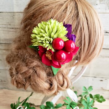 花funwari 紅椿とポンポンマムの髪飾り クリップピンタイプNo585の画像