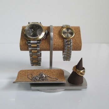 腕時計スタンド　２本掛けだ円パイプトレイ、指輪スタンド付き腕時計スタンド　190803　の画像
