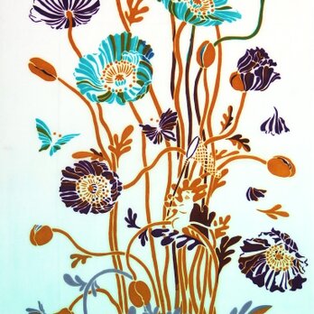 型染めてぬぐい「花の森のチョウ」（ミントグリーン）（綿100％・手染め捺染）の画像
