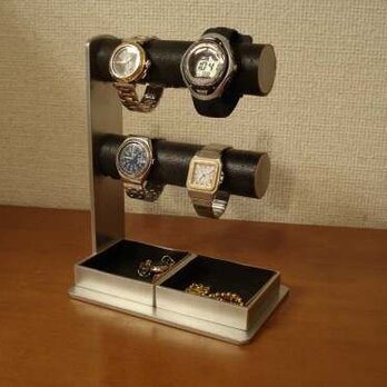 　丸パイプ2段でかいトレイ4〜6本掛けブラック腕時計スタンドの画像