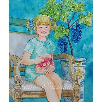 水彩・原画「葡萄の木と少女」の画像