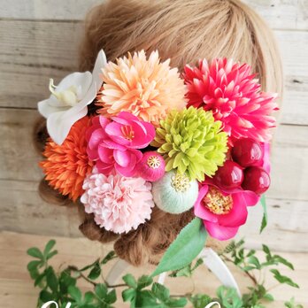 花kirari 椿とマムとponponボールの髪飾り12点Set No593の画像