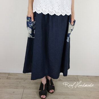 [予約販売]ヨーロッパグレイッシュネイビーリネンサイドポケットスカートの画像