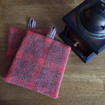 handwoven pot mat (autumn color) 手織りポットマット orange × brownの画像