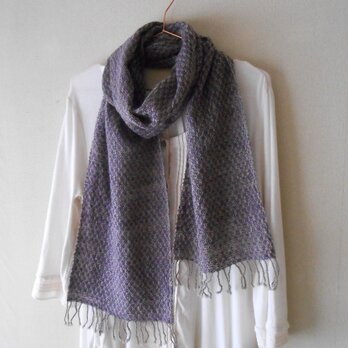 手紡ぎ手織りマフラー　メリノーウール　グレー×紫の画像