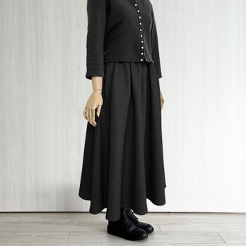 ギャザーフレアロング丈スカート_選べるスカート丈_リネン100%_Black