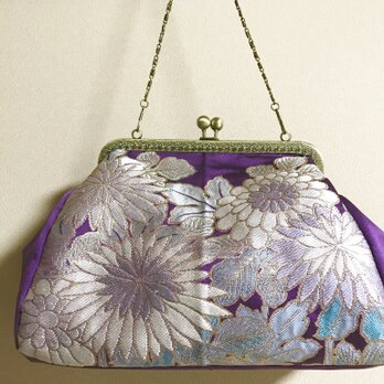 がまぐちバッグ・角型口金  紫地の菊柄帯地バッグの画像