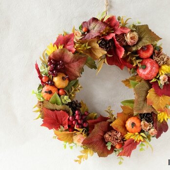 秋の実りと彩りのリースA【アーティフィシャルフラワー】秋リース　秋色リース　オータムリース　お祝い　ハロウィンリースの画像
