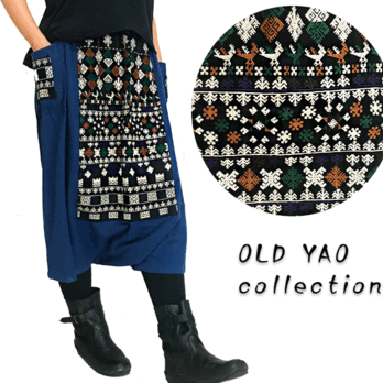 藍染め、手織り綿のロングサルエルパンツ、ヤオ族刺繍付き、オールシーズン可の画像