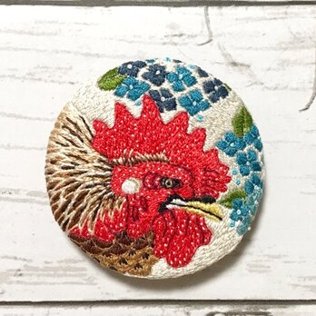 手刺繍日本画ブローチ＊伊藤若冲「紫陽花双鶏図」よりの画像