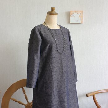 久留米絣濃紺×アイボリー色七分袖ワンピースの画像
