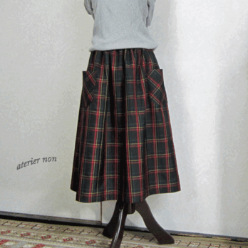 着物リメイク♪チェックの大島紬でポケット付きスカート：丈７６ｃｍ（裏地付き）の画像