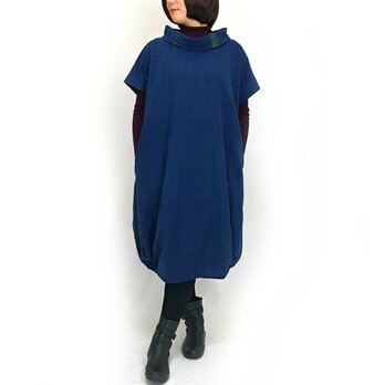 藍染手織綿、大きいサイズの着物古布付きバルーンワンピースの画像