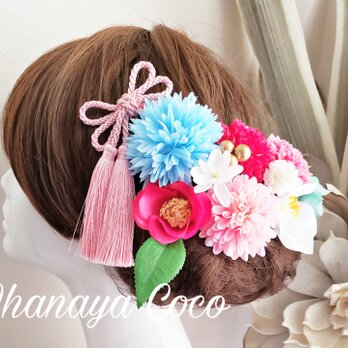 花姫 キュートなピンク椿とマムの髪飾り10点Set No615の画像