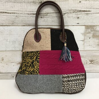 秋冬ウールボストンバッグ　グレーとピンク