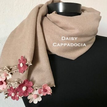 刺繍のお花つき　パシュミナストール「デイジー」　ココア＆ボルドーの画像