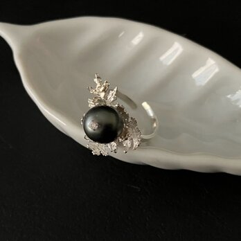 ひいらぎの葉と黒真珠のリング silver {黒真珠}の画像