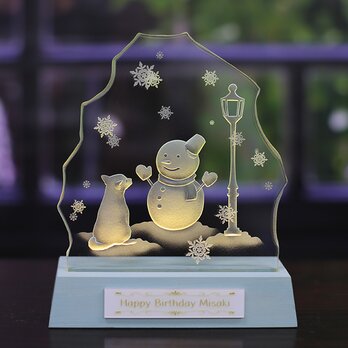 豆柴と雪だるま　LED照明付き小さなエッチングガラス パネルオブジェの画像