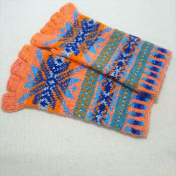 手紡ぎ毛糸の指なし手袋【オレンジと青】の画像
