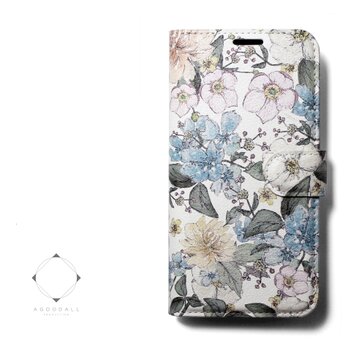 【両面デザイン】 iphoneケース 手帳型 レザーケース カバー（花柄×ブラック）ヴィンテージパステルフラワー　ボタニカルの画像