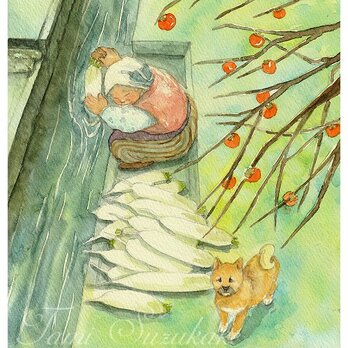 水彩画・原画「おばあちゃんと柴犬」の画像