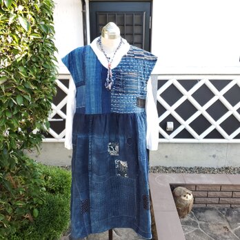 着物リメイク　ハンドメイド　藍の濃淡、BORO ランル　ジャンパースカートの画像