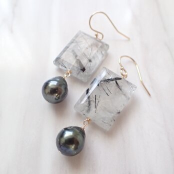 K14GF black rutiled quartz & tahitian pearl pierceの画像