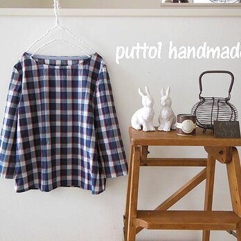 [再販]受注生産☆イタリア製コットンチェックのボートネックシャツ