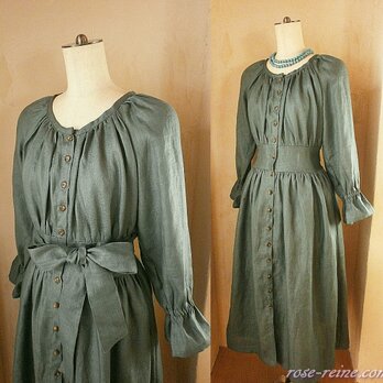 SOLD 着こなし3way 渋色リネン たっぷりギャザー ラグランワンピース ギャザーフレアースリーブ ティールブルー