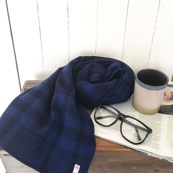 #182 大きめ ネイビ ブルー チェック ウール100% 良品質 フランス タグ 秋 冬 ストール ショール♪の画像