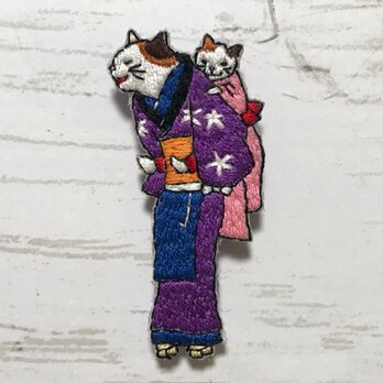 手刺繍浮世絵ブローチ＊歌川国政「猫のそばや」よりの画像