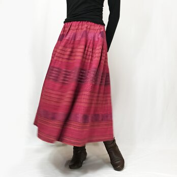 再2★手織り綿絣ロングスカート、茜（あかね）色、オールシーズンの画像