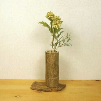【温泉流木】古びた流木竹と台座のある花器花瓶 フラワーベース 流木インテリアの画像