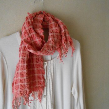 もこもこミニマフラー　手紡ぎ手織り　シルク・ラムウール　ピンクの画像