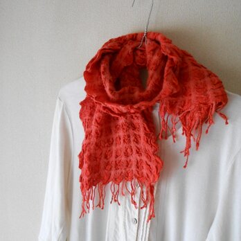 もこもこミニマフラー　手紡ぎ手織り　シルク・ラムウール　オレンジの画像