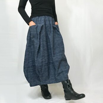 再販２手織り綿絣インディゴ染め、バルーンスカート、オールシーズンの画像