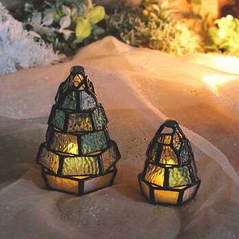 【小さなもみの木ランプ・ちびっこランプとペアセット】ステンドグラスミニランプ,LEDライト付 クリスマスの画像