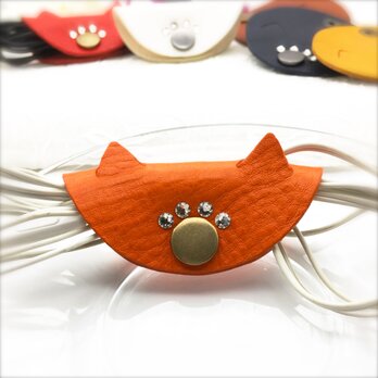 猫耳と肉球が可愛い♪本革コードホルダー（オレンジ・イタリアンレザー）の画像