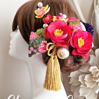 花kirari 椿と銀杏リボンの和風髪飾り16点Set No655の画像