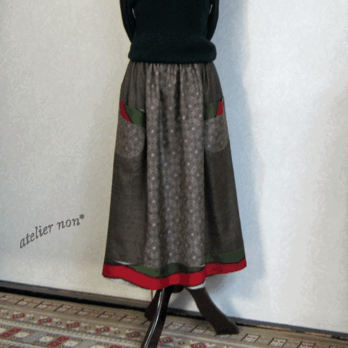 着物リメイク♪3種の泥大島紬・ポケット付きスカート：丈７６ｃｍ（裏地付き）の画像