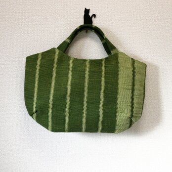 ⁂セール⁂　裂き織り　横長ミニバッグ　（グリーン系ストライプ）の画像