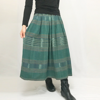 再3☆手織り綿絣ロングスカート、萌葱色グリーン、オールシーズンの画像