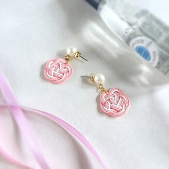【桜霞】水引製　お花とパールのピアス　ピンクの画像
