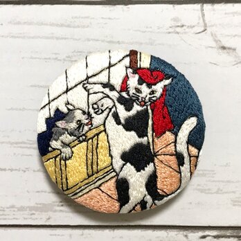 手刺繍浮世絵ブローチ＊鳥山石燕「猫また」よりの画像