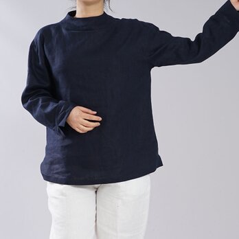 【wafu】中厚 リネン ブラウス レイズドネック ドロップショルダー リネントップス / ネイビー t004c-neb2