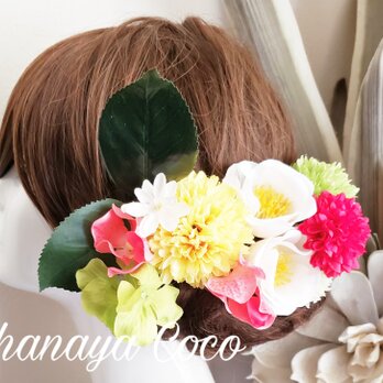 甘花 サーモンピンクと新緑の髪飾り11点Set No665の画像