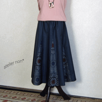 着物リメイク♪２枚の大島紬で作ったフレアースカート（裏地付き）の画像