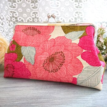 ◆【売り切れ】【再販3】【新色！】ホットピンクの芥子の花がま口ポーチ*花柄フラワー和柄がま口バッグの画像